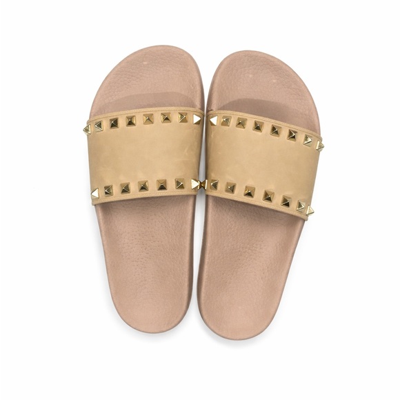 Valentino Garavani Shoes - Valentino Garavani Tan Sandals with Gold Studs